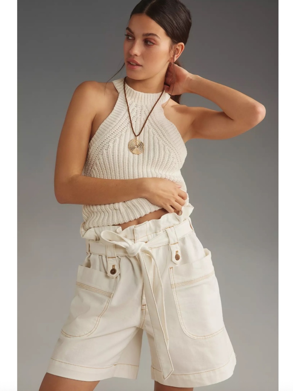 $98 NWT Pilcro Anthropologie High-Rise Tie-Waist Utility Shorts Paper Bag